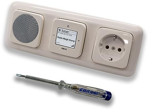 Busch Jäger iNet Internet Unterputz Radio 8216U DURO2000 cremeweiß, Komplett-Set mit Lautsprecher, Abdeckungen, Steckdose, Rahmen + EBROM Phasenprüfer zur Montage der Geräte - 8216U