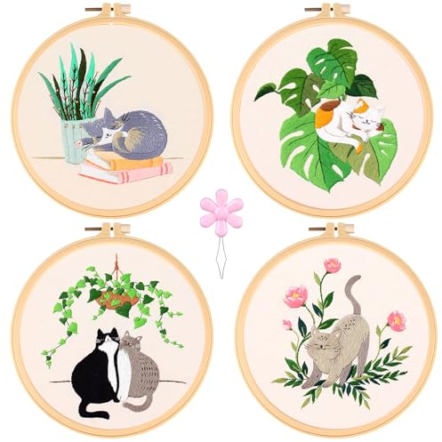 Anfänger Stickerei Set, 4 Stück Stickerei Set Anfänger Mit Muster Und Anleitung, Katzenmuster Kreuzstich-Kit Mit 4 Stück Stickrahmen, Farbfäden Und Werkzeuge, Embroidery Kit Für DIY Kunst, Handwerk