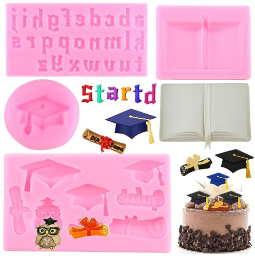 RFGHAC Silikonform zum Schulabschluss, Diplom, Absolventen, Fondantformen, Zertifikat, Doktorhut, Süßigkeiten, Schokoladenform, Buch-Buchstaben, Form für Kuchendekoration, Cupcake-Topper, Blütenpaste,