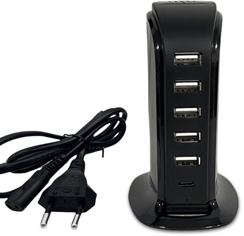 Caricatore USB multiuso, 6 porte, ricarica multipla, alimentatore di rete, caricatore da scrivania con cavo di alimentazione, ricarica rapida, compatibile con cuffie, cellulare, tablet, smartphone (EU