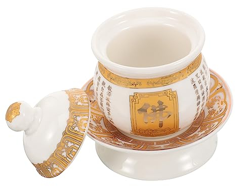 Buddhistischer Keramik Wasserbecher für Tempelopfer mit Deckel und Tablett