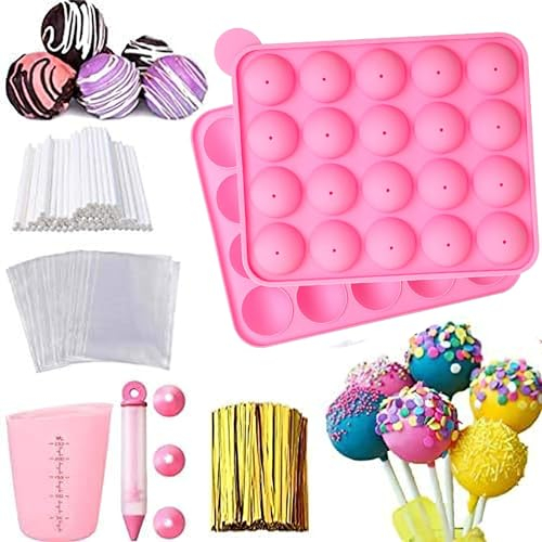 Moule à cake pop, rond, en silicone, à 20 trous, avec 100 batons Pop Cake, 100 paquets de bonbons, présentoir à mesurer, pour cakes, bonbons, gelée et chocolat