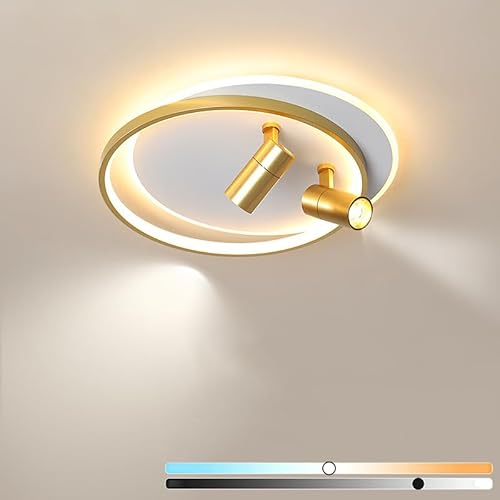 LOGT Moderne LED Deckenleuchte Dimmbar mit Fernbedienung, Deckenlampe mit Spots 360° Schwenkbar, 46W+10W Deckenspot Rund Wohnzimmerlampe Deckenstrahler für Küche Schlafzimmer Wohnzimmer Flur,Gold