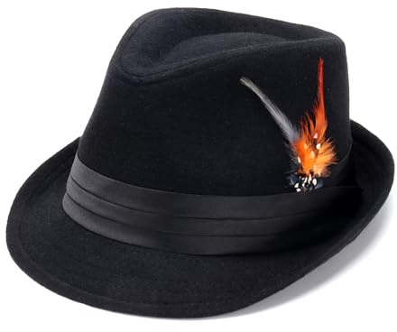 Geebuzz Fedora Hats for Men Women Classic Short Brim Felt Manhatta Fedora Hat with Feathers Band (UK, Alpha, One Size, Orange Feather-Black)
