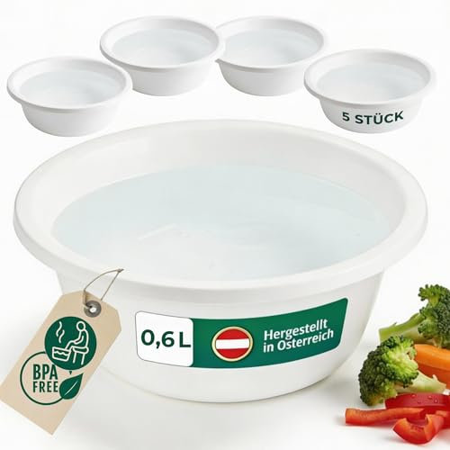 Novaliv 5x Spülschüssel Rund 0,6L, D16 cm, Weiß, BPA-frei Spülmaschinenfest Ideal für Küche und Camping, kleine Rundschüssel, Plastikschüssel klein, Waschschüssel klein, Plastic bowl
