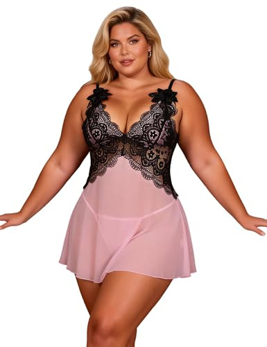 ohmydear Sexig babydoll dam nattklänning spets nattkläder V-ringad nattlinne nattlinne justerbara axelband transparent underkläder set babydoll underkläder med, Rosenröd, XS-S