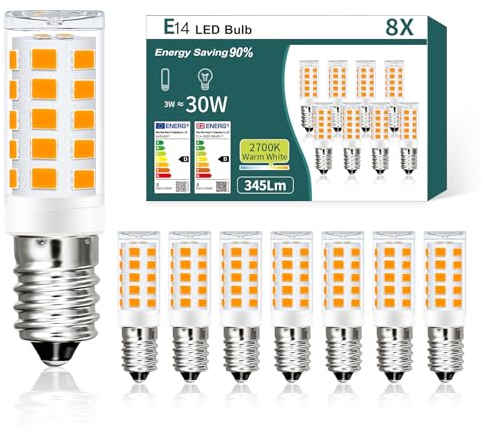 AmmToo E14 LED Warmweiss Birne, 3W 2700K LED Lampe, Glühbirne E14 ersetzt 30W Halogenlampen, Kein Flackern Kühlschranklampe Nicht Dimmbar, Led Mais Birne für Dunstabzugshaube Wandlampen CRI> 85