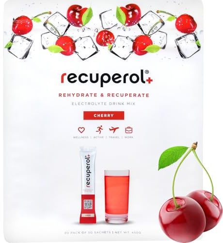 Recuperol Electrolytes Sachets - Rehydration Electrolytes Powder with Zinc, Vitamin C, B12, D3 & Potassium for Hydration - Sugar Free, Vegan & Low Calorie - Cherry 90 Pack
