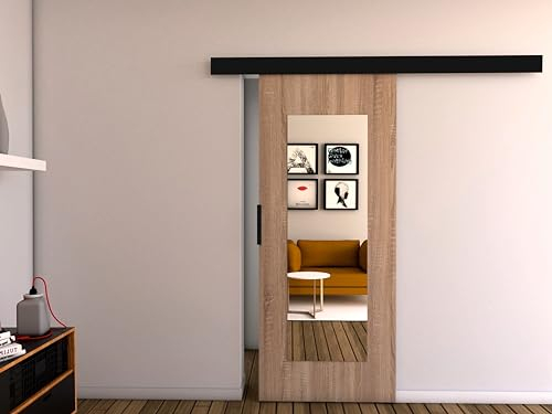 MINIO - Porte Coulissante Interieur 76 cm avec Miroir, Système Porte Coulissante PRIM I, Porte Interieur, Montage Mural, Portes Coulissantes, Portes de Chambre - Chêne Sonoma/Noir