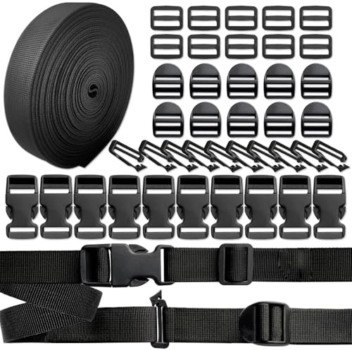 INLAZTIM Nylon Gurtband mit Schnalle 25mm, 10 Yards Gurtband mit 10 Paare Steckschnallen und Verschlüsse, Gurtband Schieber, Leiterschnalle Verbindungsclip für Rucksack DIY Handwerk Hundehalsband