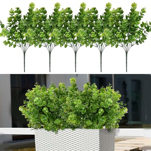 Dokeno Künstliche Pflanzen, 5 Bündel Kunstpflanzen Außenbereich mit 7 Zweigen, 36 cm UV-Beständig Plastik Grün Deko Eukalyptusblätter Kunstblumen für Balkon, Wohnzimmer, Hochzeit, Garten, DIY Deko