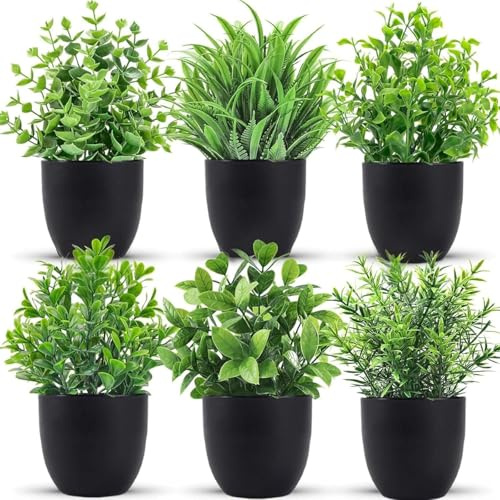 Koksi 6-Pack Artificial Countertop Plant with Pots Realistic Green Plants Flowers - Indoor & Outdoor Faux Greenery for Home Decoration, Living Room, Bedroom (6-Pack Countertop)