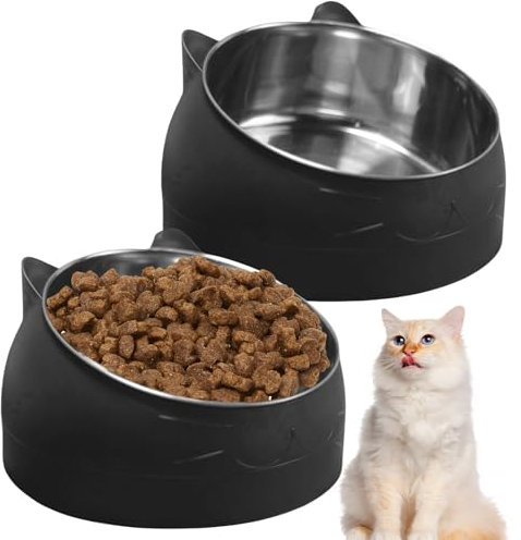 GOMETY 2 PCS Katzennapf Edelstahl, 400ML Katzen Futternapf 15° Geneigter Erhöhter zum Schutz Halswirbelsäule Fressnapf für Katze Hunde Abnehmbarer Katzennäpfe rutschfest Edelstahlnapf für Futter Wass