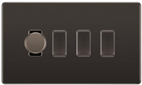 BG Black Nickel Screwless 4 Gang Switch 1x Trailing Edge LED Dimmer 3x 2 Way Custom Switch