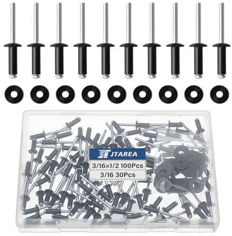 JTAREA 130 Stück 4,8 × 12,7 mm Aluminium Blindnieten mit Unterlegscheiben Pop Nieten Popnieten Blindniete Großkopf Alu Kernnieten mit Rundem Kopf (Schwarz)