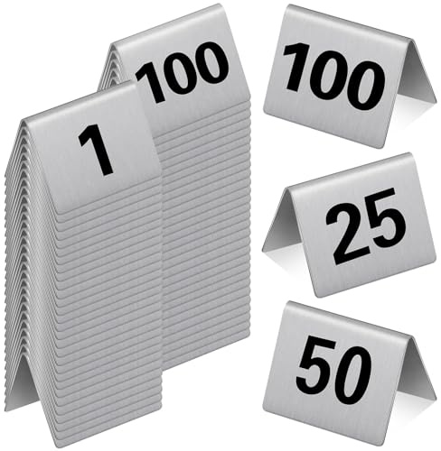 Wenqik 100 números de mesa de acero inoxidable estilo cortina de 5 x 4 cm de doble cara para restaurante, boda, recepción, fiesta, banquete, aniversario, bar