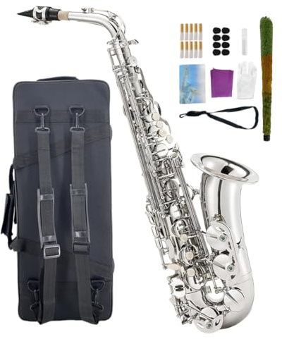 WUQIMUSC Beginner Alto Saxophone, E Flat - Complete Starter Kit with Case & 10 Reeds, for Adults & Students, Easy to Play for School Band & Practice(Nickel)