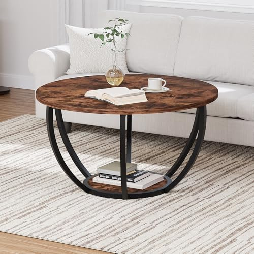 HOMERECOMMEND 28 Round Coffee Table with Storage,2-Tier Wood Accent Center Table for Living Room,Sofa Table for Home Office, Brown