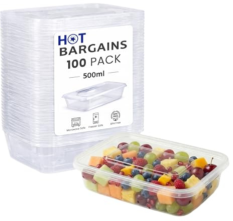 HOT BARGAINS 500ml Rectangular Food Storage Containers with Lids, Pack of 100, BPA-Free Plastic, Microwave and Freezer Safe (100, PLS01, Rectangular, 500, Millilitres)