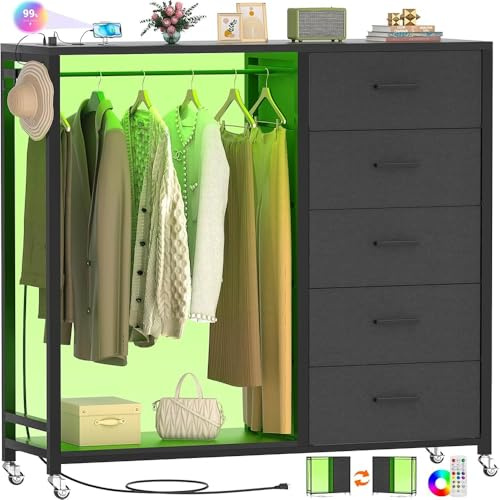 iSunirm 2 in 1 Chest of Drawers, Dresser for Bedroom,5 Fabric Drawers Dresser with LED Lights & Charging Station,Open Wardrobe with Clothes Rack,Black