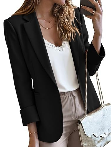 KIRUNDO Blazers for Women Business Casual Long Sleeve Open Front Lapel Suit Jackets Office Work Blazer Pockets Fall Clothes(Black, Medium)