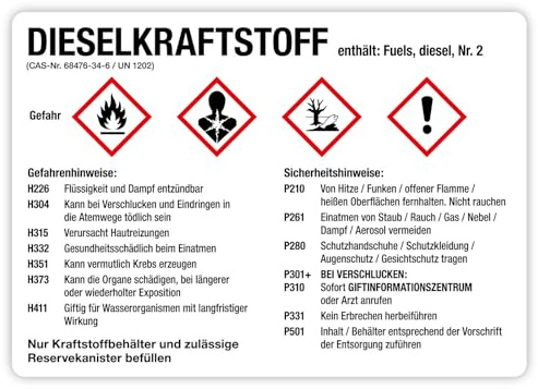 Aufkleber Kombi + Warnhinweise „DIESELKRAFTSTOFF“ Brandschutz Sticker Kennzeichnung Gefahrensymbole gemäß CLP/GHS-Verordnung | Größe wählbar Made in Germany, Größe: 29,6 x 21 cm