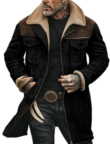 Cappotti e giacche da uomo vintage in finta pelle scamosciata, cappotto trench a maniche lunghe con colletto a tacca, foderato in pile, giacche soffici e pelose, Nero , XL