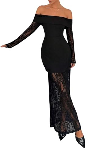 SweatyRocks Maxikleid Damen Elegant Kleider Hochzeitsgast Herbstkleid Off Shoulder Kleid Mit Spitze Langarm Kleid Lange Abendkleider Spitzenkleid Schwarz L