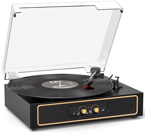 Retro Bluetooth Record Player with Built-in Speakers, 3-Speed Belt-Drive Turntable, Bass & Treble Control, Compact Vinyl Player with Transparent Dust Cover, RCA Output, AUX-in, Headphone Jack, Black
