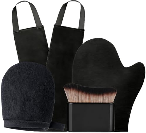 Self Tanning Mitt Set, Fake Tan Mit Self Back Glove Set, Black Lotion Applicator Gloves, Reusable Tanning Brush, Fake Tan Mitt with Back Applicator for Body (Black, 4 Pcs)