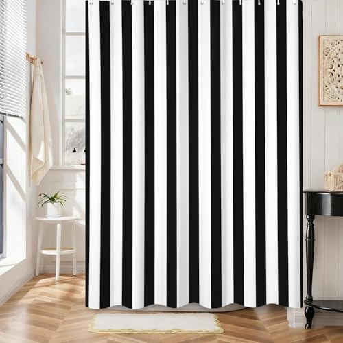 Hnmdmyi Vertikal Gestreifter Duschvorhang 120x200, Schwarz und Weiß Streifen Vintage Badewanne Vorhang Moderne Abstrakte Minimalistische Wasserdicht Polyester Stoff Waschbar Badevorhang mit Haken