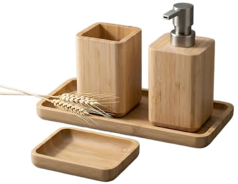 Asashizen Set di accessori da bagno in bambù naturale con dispenser di sapone, portaspazzolino e portasapone e vassoio, realizzato a mano, design impermeabile