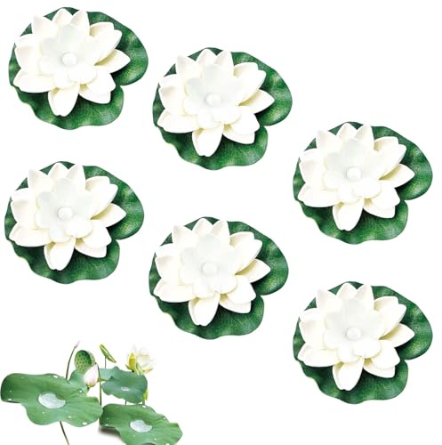 TaimeiMao Flores flotantes LED, Paquete de 6 Nenúfares Artificiales, Linterna Flotante, Flores de Loto flotantes, nenúfar, para jardín, Estanque, Patio, decoración Exterior, Blanco