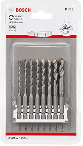 Bosch Professional 8-Piece Impact Control Ceramic Drill Bit Set (Tiles, Porcelain & Ceramics, Pick and Click, HEX-9, Accessories for Impact Drivers)
