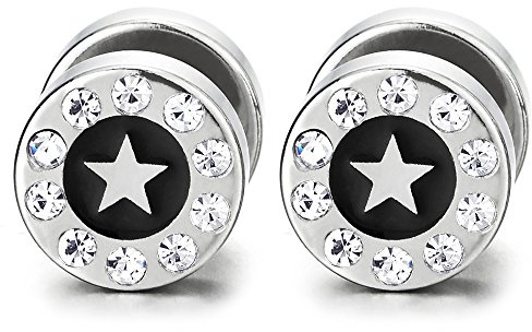 2 10MM Cerchio Stella Orecchini con Zirconi Nero Smalto, Uomo Donna, Finto Dilatatore Fake Cheater Plug Gauges, Acciaio