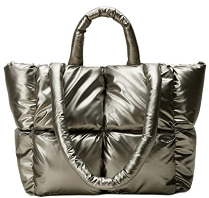 MadGrandeur Puffer Tote Bag Damen Glänzend Gesteppt Puffy Tote Bag Daunen Gepolsterte Schultertasche Süße Handtasche Ästhetische Handtasche, Champagner