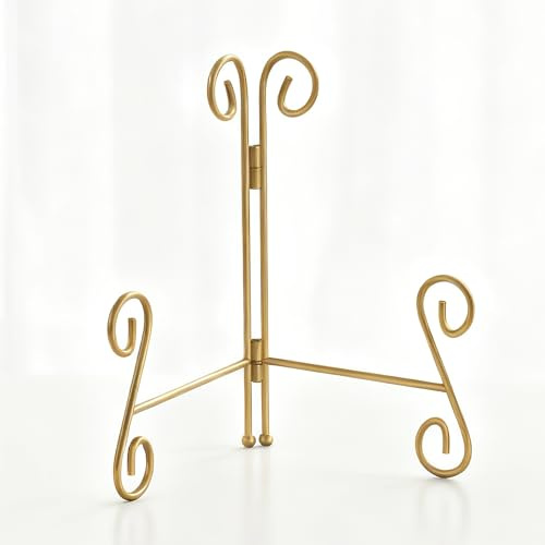 HEMYLU Gold Plate Stand, 6 Inch Decorative Holder for Displaying Platters, Heavy-Duty Metal Easel Stand for Picture, Photo Frame, Books and Round Objects