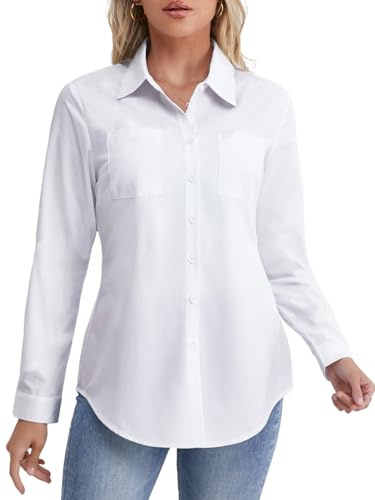 Fuinloth Dam långärmad skjorta knapp ner blus jeans bomull V-ringad T-shirt eleganta toppar Vit 38-40