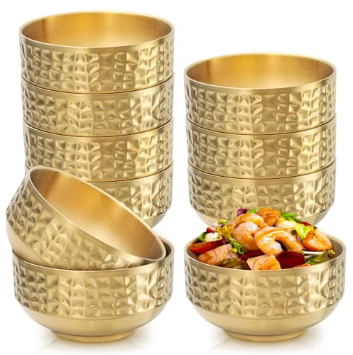 Roucerlin 3Pcs 13.5 Oz 304 Stainless Steel Small Gold Bowls, 4.9 Double Walled Insulated Cereal Dessert Bowl, Metal Deep Rice Soup Bowls Set, Ice Cream Bowl for Kitchen Cooking Camping