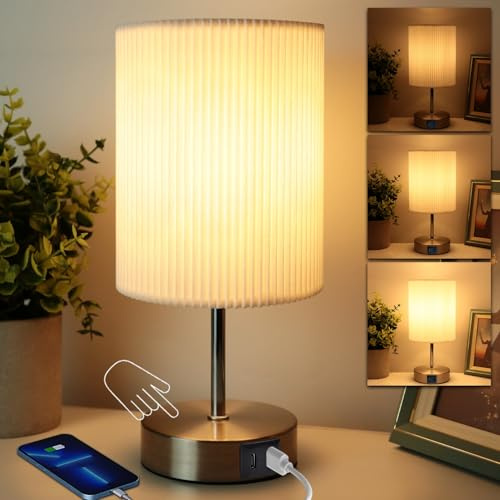 HSLighting Bedside Lamps, Touch Control Table Lamp with Metal Base | 3-Way Brightness Changing Dimmable USB A+C Charging LED Light Bulbs Desk Lamp Minimalist Night Light for Bedroom Living Room