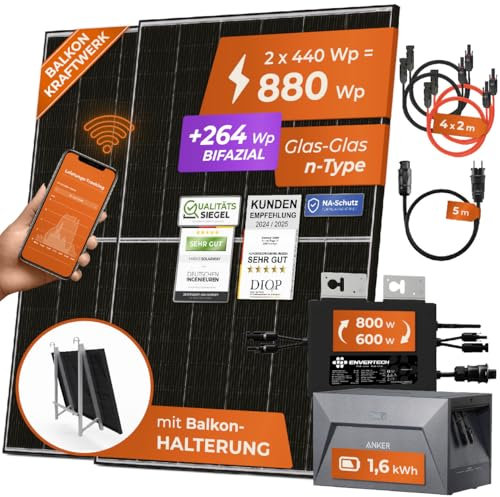 Solarway® 880W Balkonkraftwerk mit Speicher 800W komplett Steckdose - neuester 800 Watt Wechselrichter - 1,6 kWh Anker Solix 1-440W bifaziale Solarmodule & Envertech & Anker
