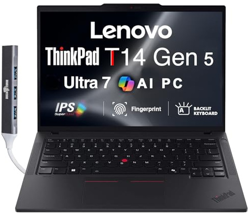 Lenovo ThinkPad T14 Gen 5 AI Business Laptop de 14 pulgadas IPS FHD+ (Intel Core Ultra 7 155U (>i7-13700H), 16GB DDR5, 512GB SSD, Copilot, KB retroiluminado, huella dactilar, 2 Thunderbolt 4, cámara