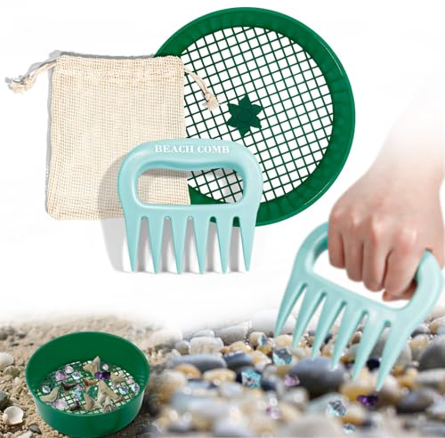 Sand Scoop with Shovel Sand Flea Rake with Beach Mesh Bag Plastic Sand Sifter for The Beach Shell Scooper Shark Teeth Digger for Picking Up Shells Sea Glass Hunting Tools Beach (Blue with Sifter)