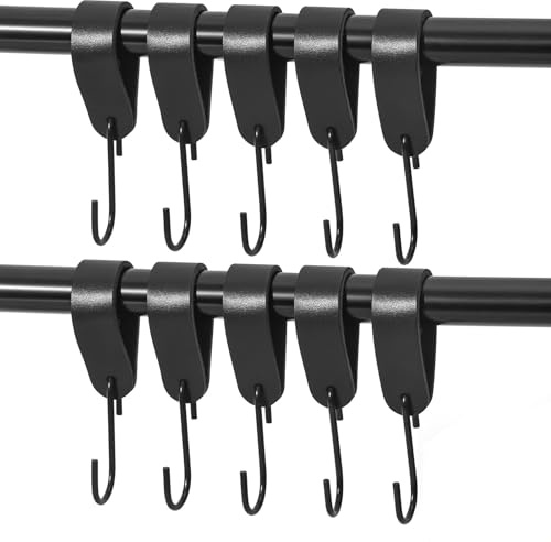 GGXZHT 10 Stück S Haken mit Schwarz Lederschlaufe - Kleiderhaken zum Einhängen aus Echtem Leder & Edelstahl- Fleischerhaken für Kleiderstangen Stange,Garderoben Badezimmer und Camping