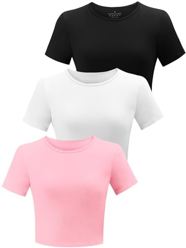 BryticFlow 3 Pack Workout Crop Tops for Women Cotton T-Shirts Short Sleeve Cropped Fitted Tops Basic Cute Tees Casual Crew Neck Summer Tshirts Yoga Gym Clothes Black/White/Pink XL