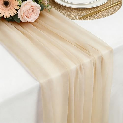 Chemin de Table en Mousseline Champagne Clair, 77 x 300 CM Chemins de Table Doux et Confortable en Mousseline de Soie pour Mariage Bohème,Fête, Baptême,Baby Shower ou Décoration de Table Cuisine