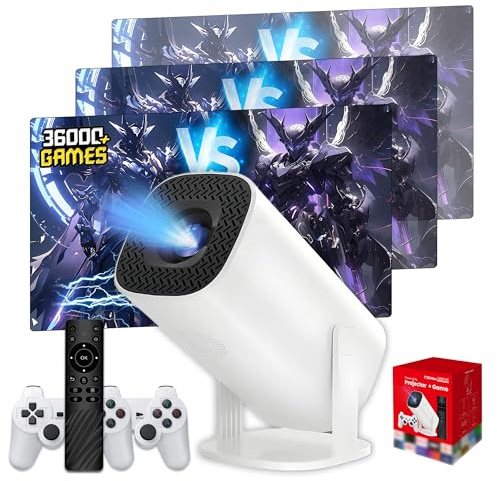P30 Max Mini Projecteur Video Vidéoprojecteur 36000+ Jeux 14 émulateurs,Retroprojecteur avec Manettes,Auto Keystone Video Projecteur avec Wi-FI et Bluetooth,Android 11,1280 * 720P (Contrôleur Blanc)