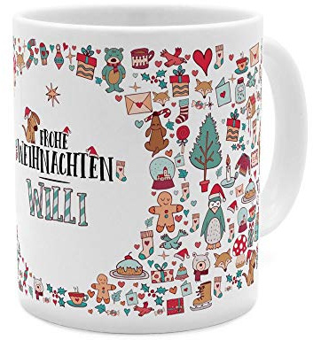 printplanet Tasse mit Namen Willi - Motiv Frohe Weihnachten - Namenstasse, Kaffeebecher, Mug, Becher, Kaffeetasse - Farbe Weiß