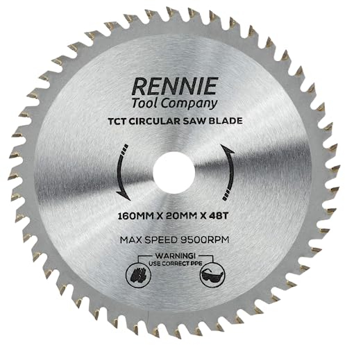 Rennie Tools Holzkreissägeblatt, 160 mm x 20 mm Bohrung x 48T Passend für Bosch Festool TS55 Makita Ryobi Dewalt Kreissägen etc., 160 mm Kreissägeblatt, auch passend für 165 mm Kreissägen