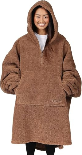 THE COMFY Teddy Bear Quarter-Zip | Sherpa Wearable Blanket with Quarter Length Zipper, Oversized Design with Hood and Pocket, From Shark Tank, for Women & Men, Warm and Cozy Gifts